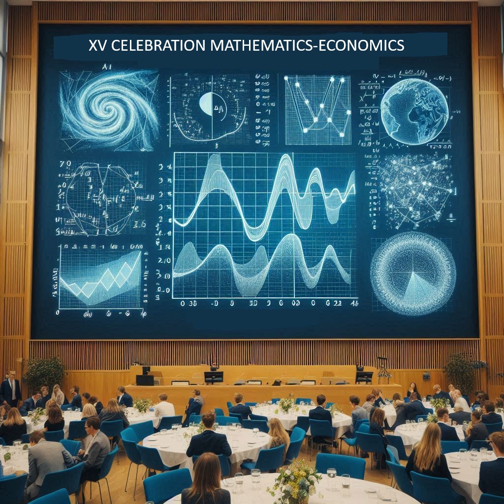 XV celebration image showing a big blackboard with plots and equations. Participants gathered at tables around the room.